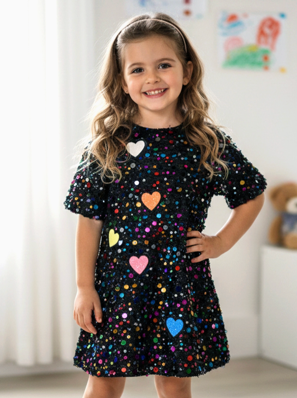 Sequin Tiered Dress w/ Heart Patch