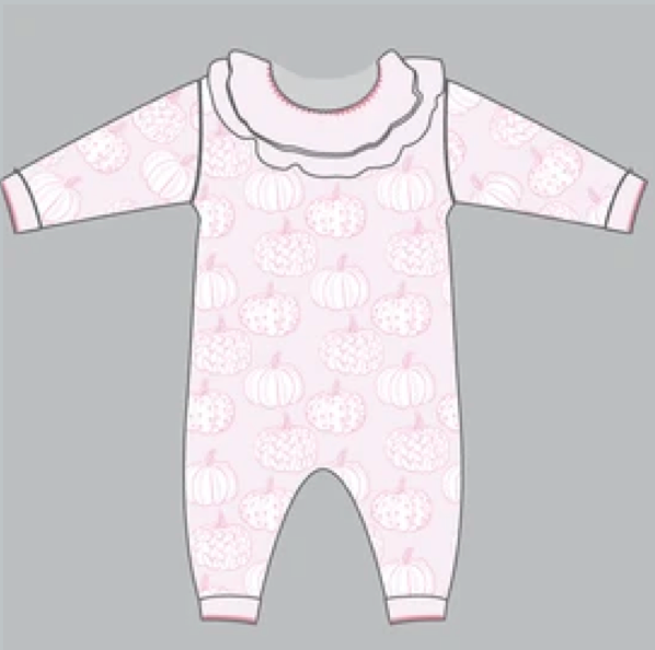Girls Footless Playsuit with Ruffle Collar- Pretty Pink Pumpkins