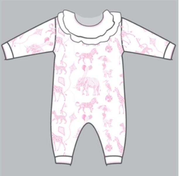 Girls Footless Playsuit with Ruffle Collar- Pink Bubblegum Safari