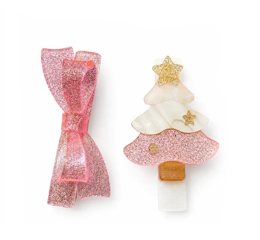 Tree Pink Glitter Bow Hair Clips