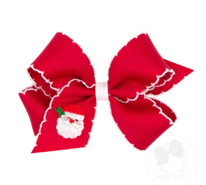 Medium Grosgrain Hair Bow with Moonstitch Edge and Christmas Embroidery