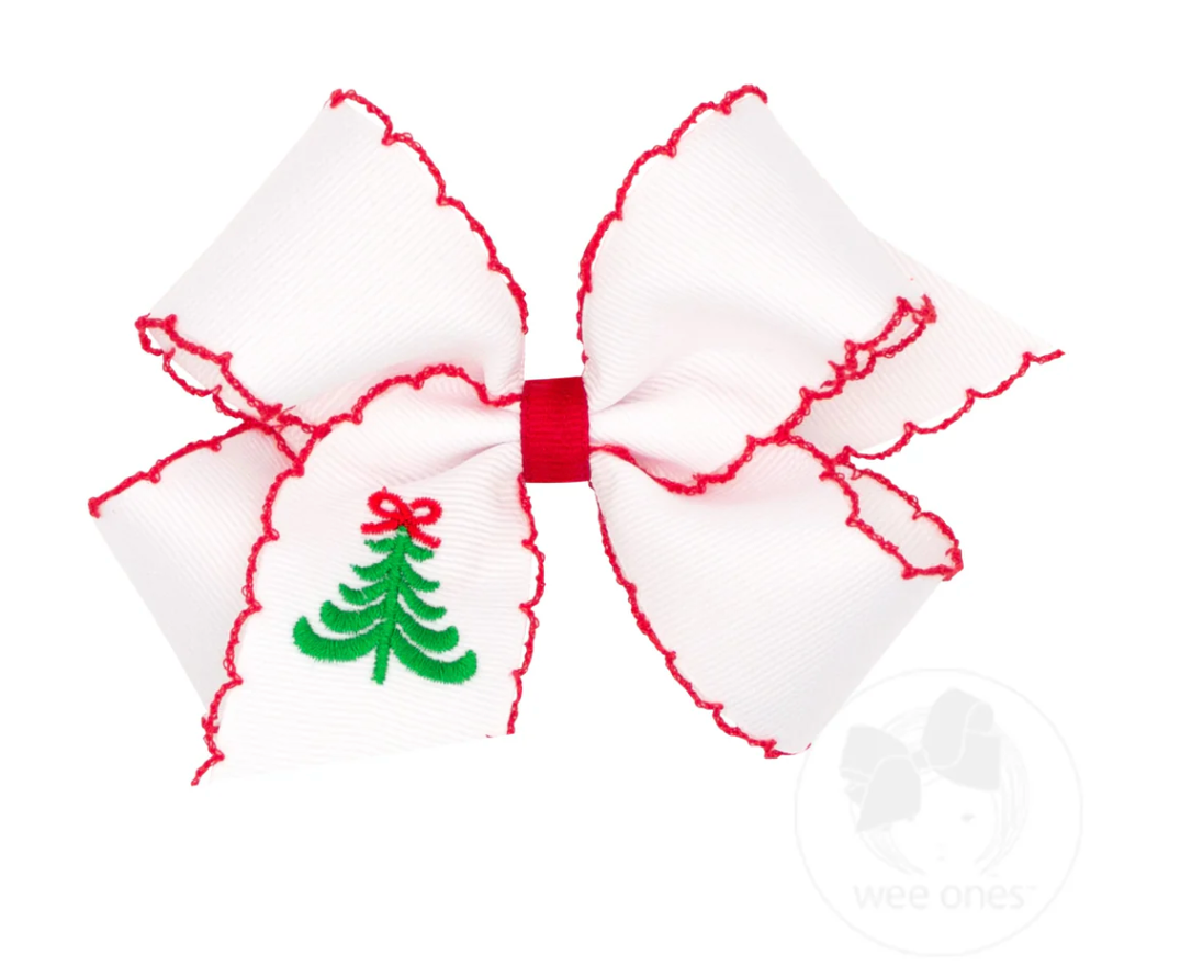 Medium Grosgrain Hair Bow with Moonstitch Edge and Christmas Embroidery