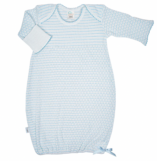 Overlap Shoulder Gown Blue Pinstripe with Blue Bow