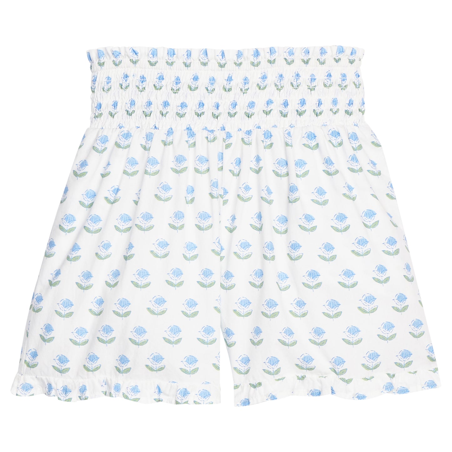 Blue Tulip Block Print Shirred Ruffle Shorts