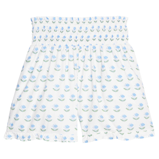 Blue Tulip Block Print Shirred Ruffle Shorts