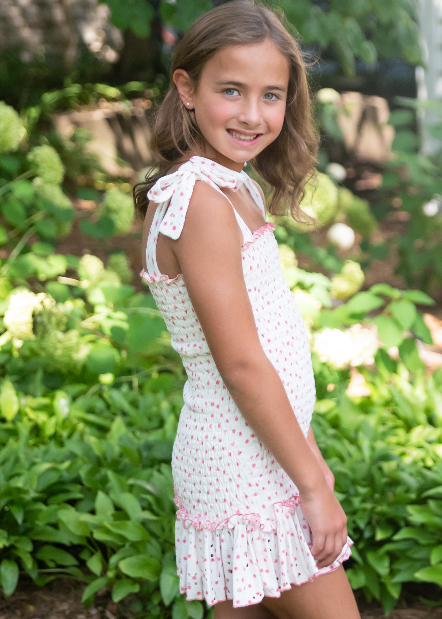 Pink Daisy Smocked Tie Shoulder Dress