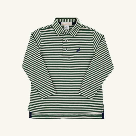 Prim and Proper Polo LS-Pima Grier Green Palmetto Pearl Stripe