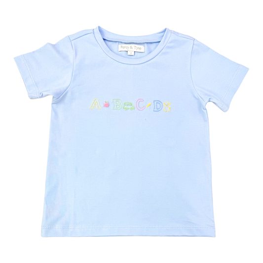 S/S Embroidered Tee - Baby Blue Knit w/ ABC Embroidery