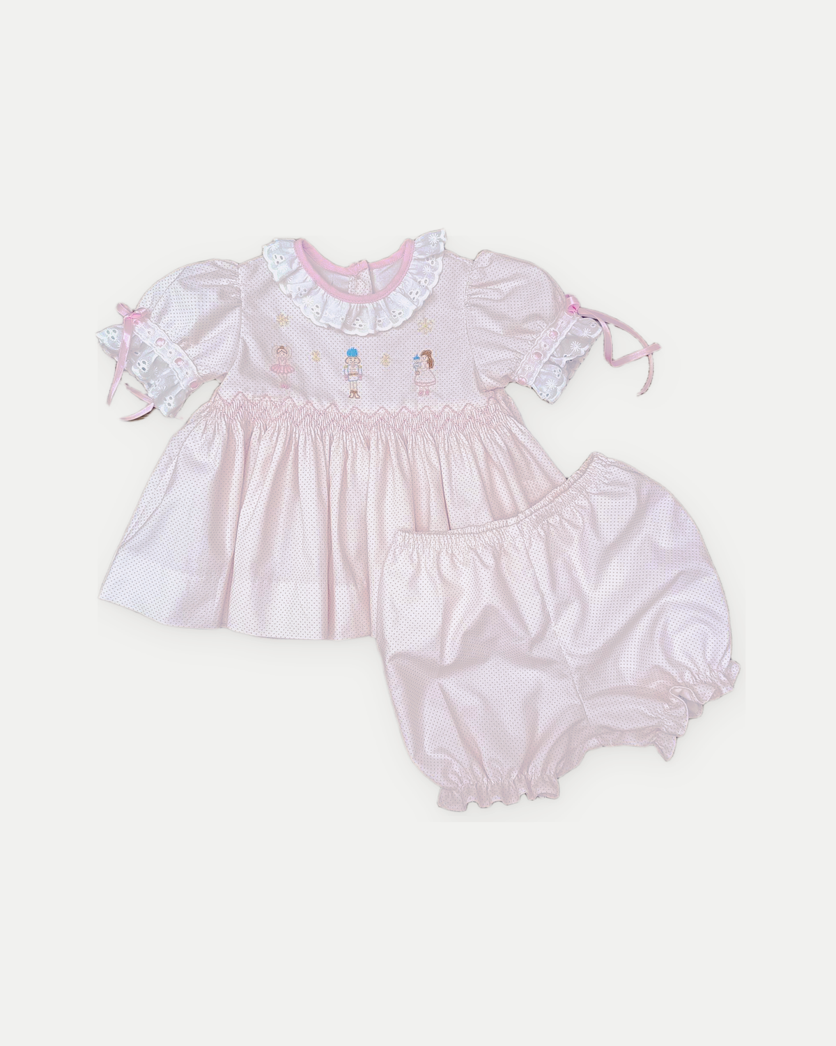 Clara Bloomer Set- Pink Bitty Dot Corduroy w/ Nutcracker Embroidery