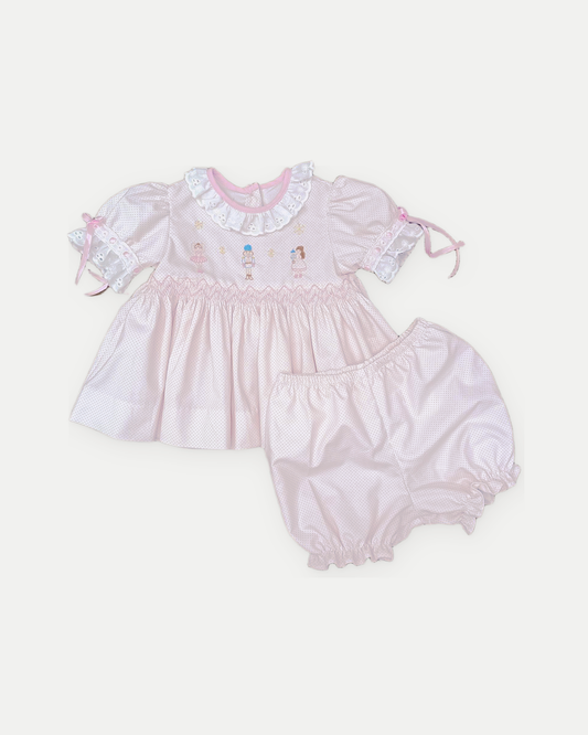 Clara Bloomer Set- Pink Bitty Dot Corduroy w/ Nutcracker Embroidery