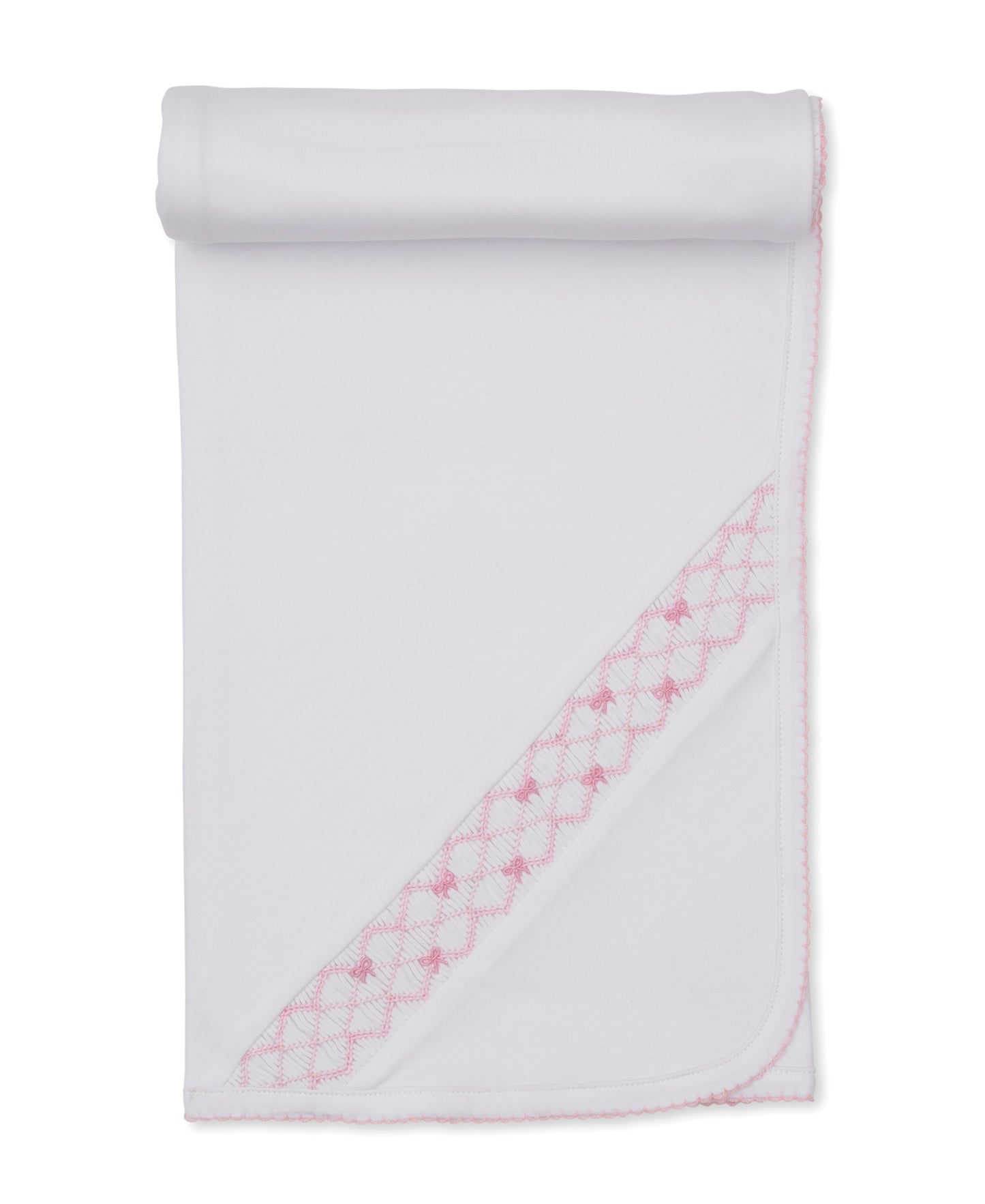 Hand Embroidered Smocked Bows White Blanket