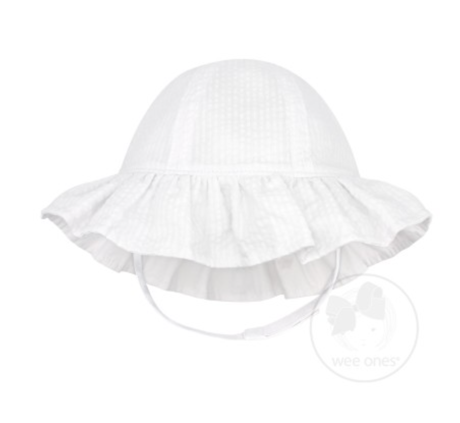 Girls Reversible Ruffle Brim Seersucker Sun Hat - White