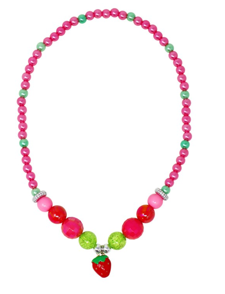 Hot Pink Strawberry Charm Stretch Beaded Necklace