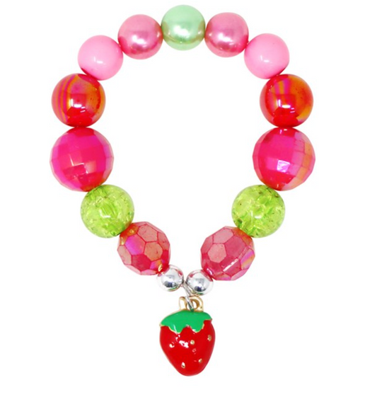 Hot Pink Strawberry Charm Stretch Beaded Bracelet