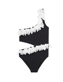 Black Side Cut Swimsuit with White Petals