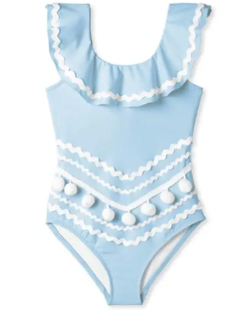 Blue Full Shoulder Swimsuit With Ric Rac and Pom Pom