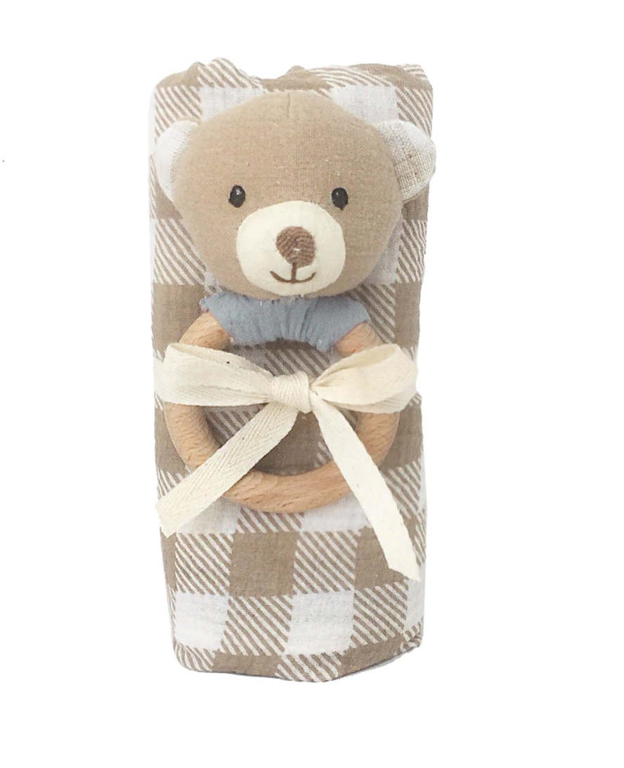 Gingham Muslin and Bear Wood Rattle Gift Set