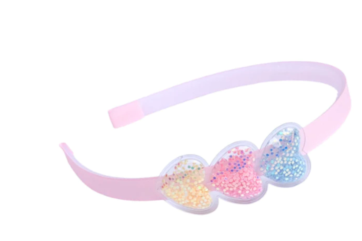 Triple Glitter Shaker Hearts Headband Pink