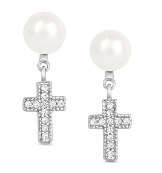 Freshwater Pearl & CZ Cross Dangle Earrings