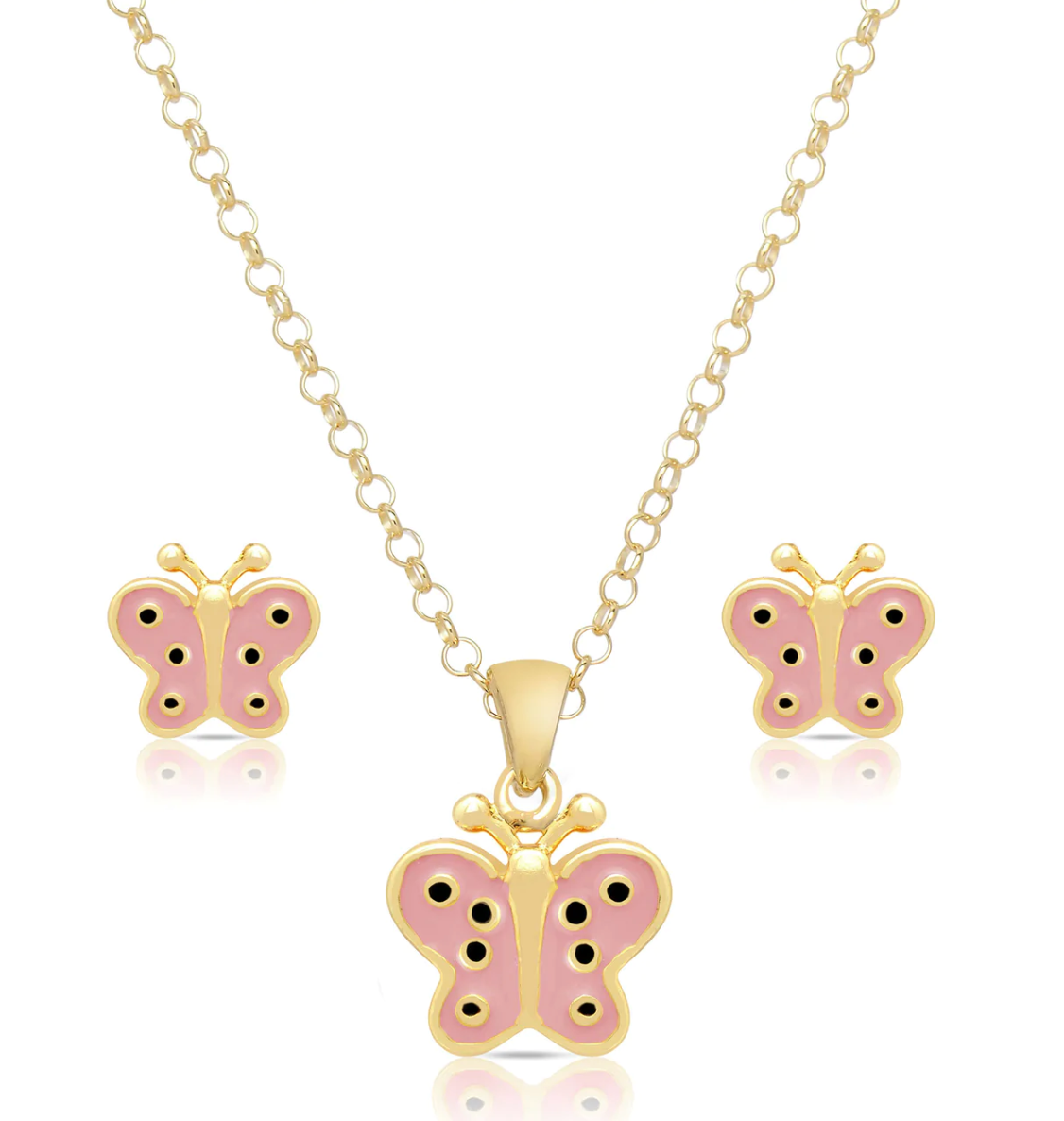 18k Gold Overlay Butterfly Pendant & Stud Earring Set - Pink