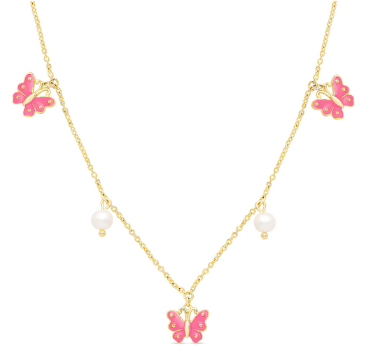 Gold Plated Butterfly & Freshwater Pearl Charm Necklace - Pink