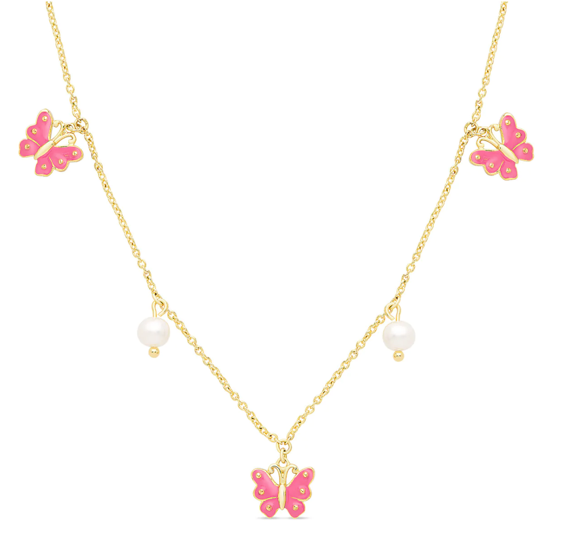 Gold Plated Butterfly & Freshwater Pearl Charm Necklace - Pink