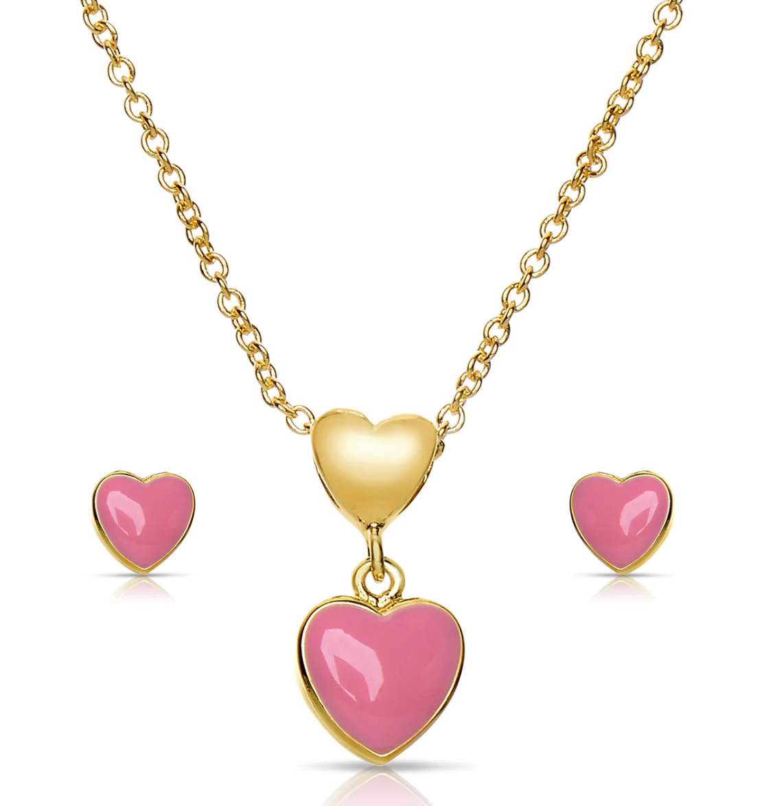 18k Gold Overlay Heart Pendant & Stud Earrings Set - Pink