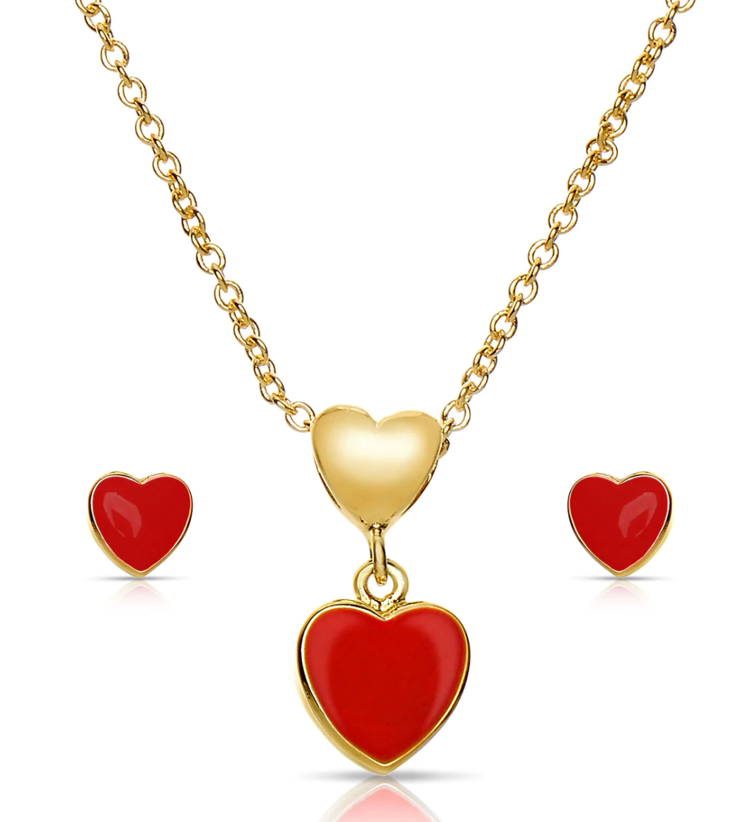 18k Gold Overlay Heart Pendant & Stud Earring Set - Red