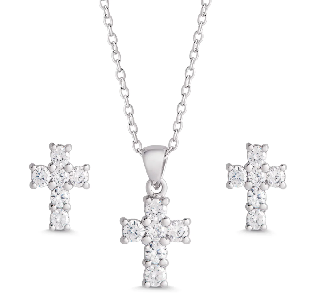 CZ Cross Pendant and Stud Earring Set in Sterling Silver