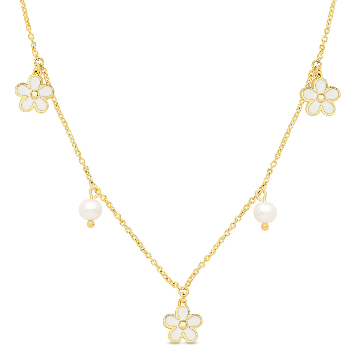 Flower and Freshwater Pearl Charms Necklace - White