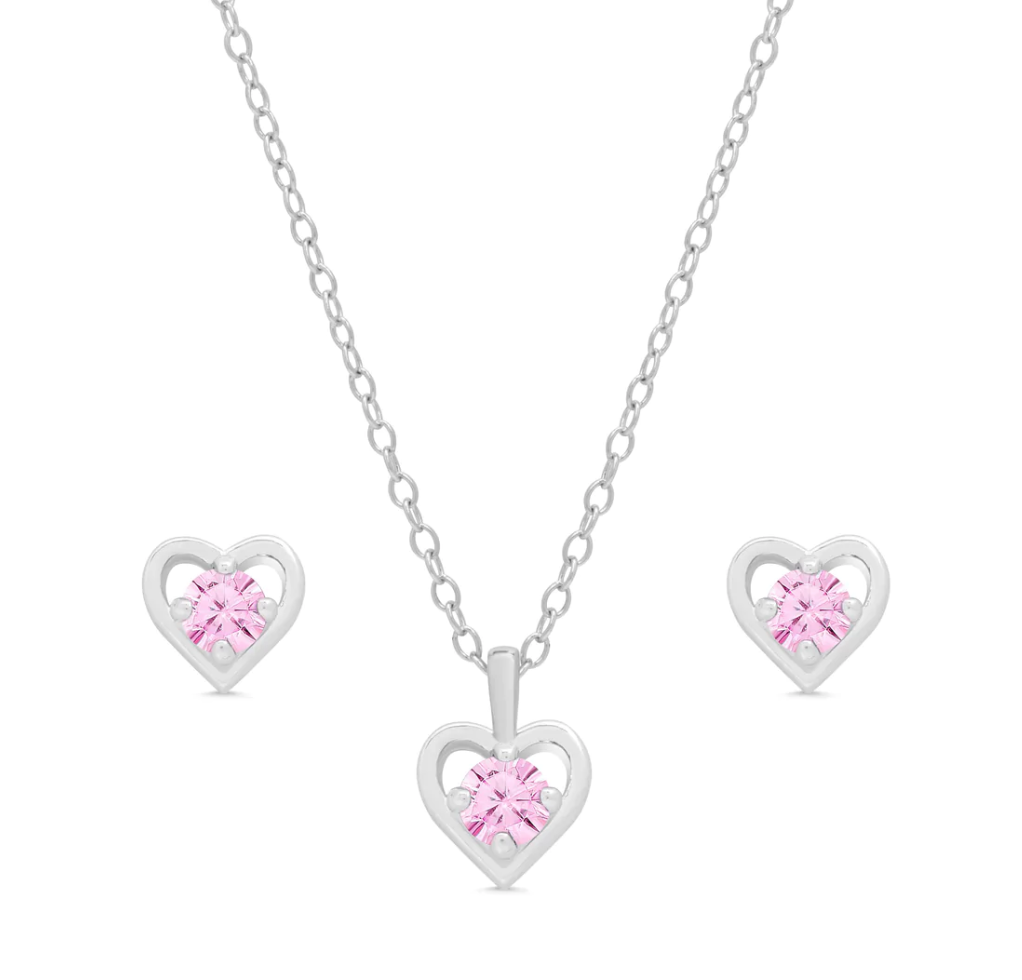 Pink CZ Heart Stud Earrings & Necklace Set