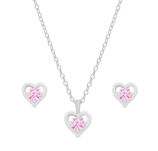 Pink CZ Heart Stud Earrings & Necklace Set