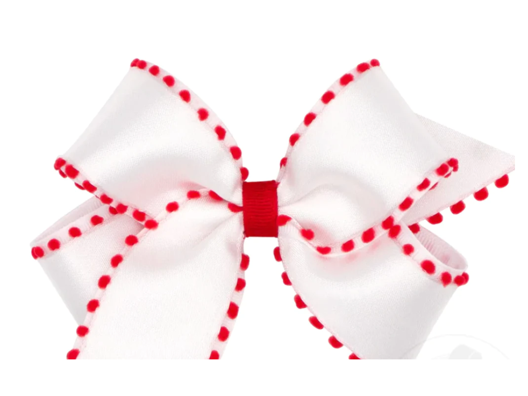 Christmas Medium Bow White With Red Pom Poms