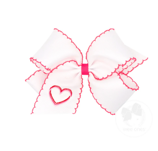 King Grosgrain Moonstitch White Bow with Embroidered Heart