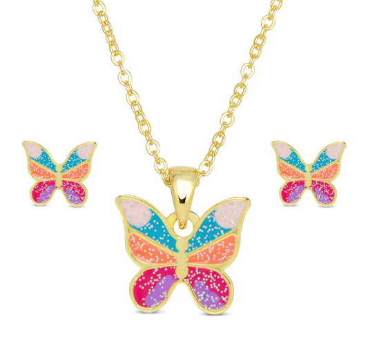 Glitter Butterfly Necklace And Earring Set