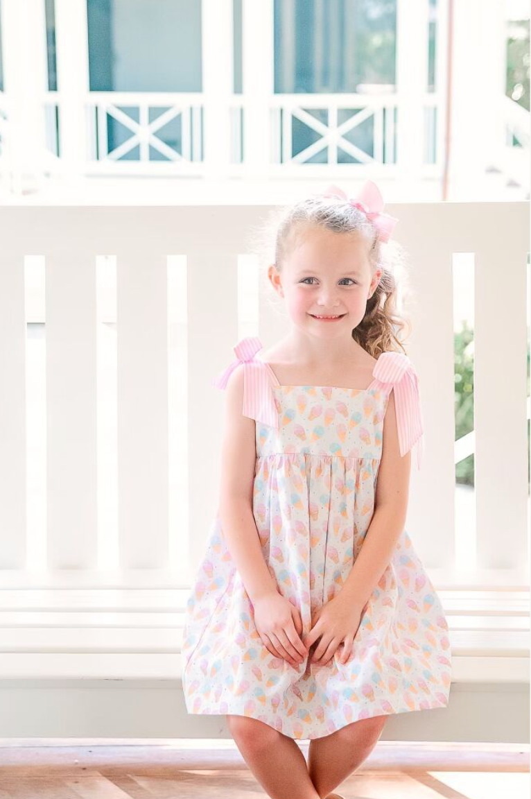 Thea Ice Cream Dress with Pink Stripe Ties