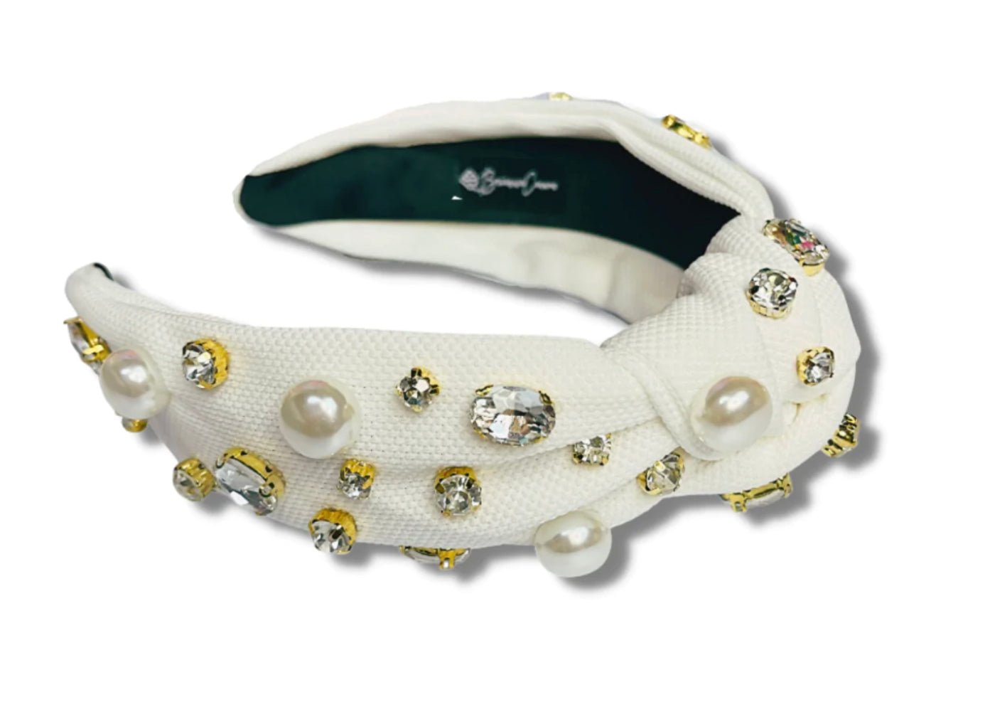 White Twill Headband with Large Pearls and Crystals